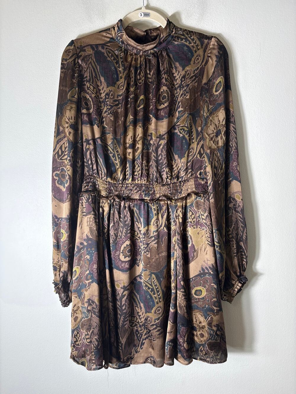 NWT Meloday Brown Long Sleeve Smocked Wasit Knee Length Dress Sz L